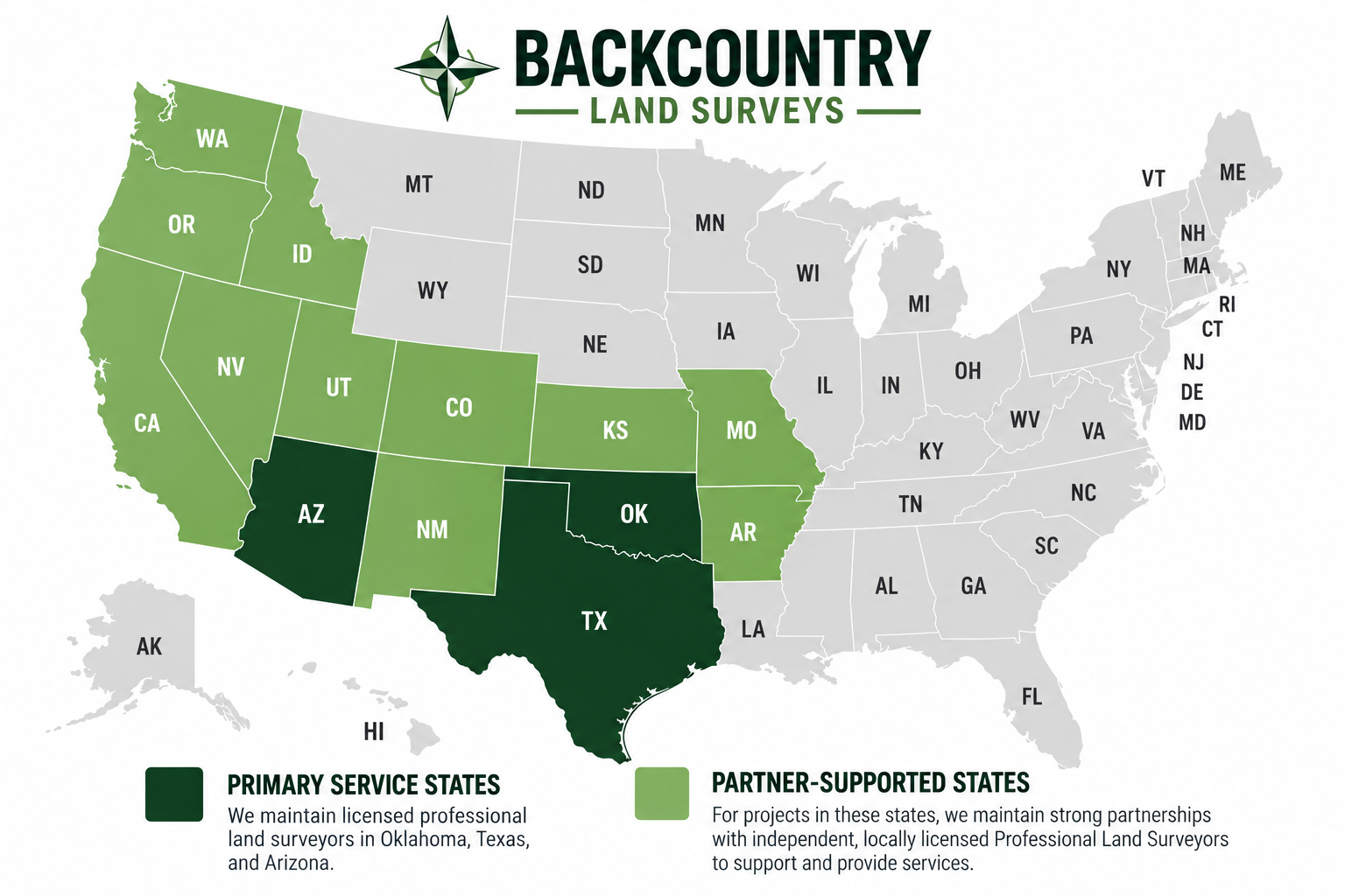 Backcountry Land Surveys service area map.