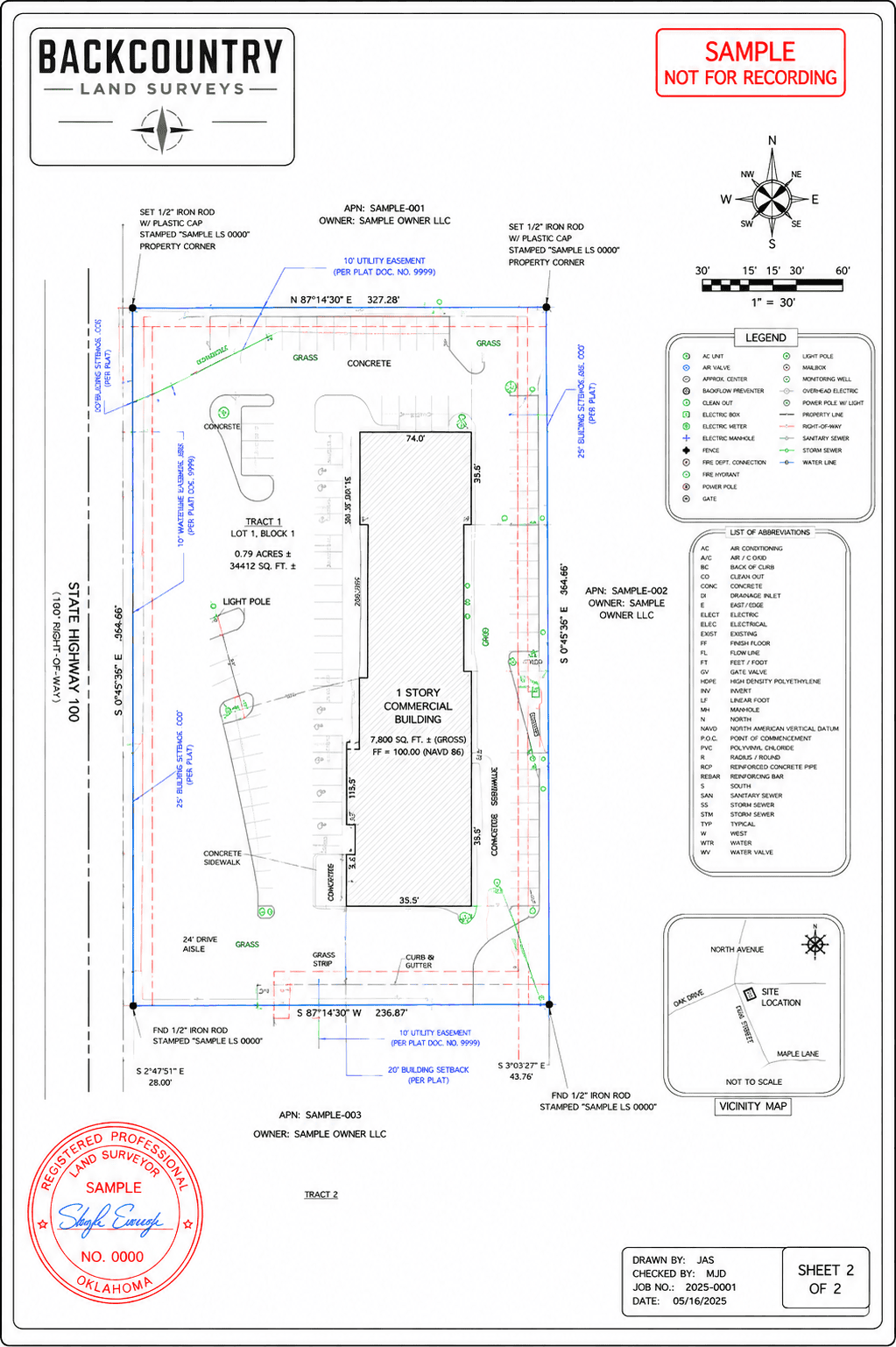 ALTA/NSPS Land Title Surveys sample showing property boundaries, easements, improvements, and site details