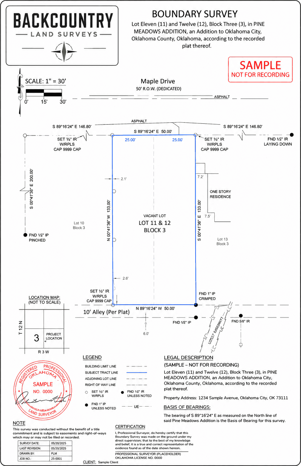 Boundary surveys sample showing property lines, lot dimensions, easements, and boundary monuments