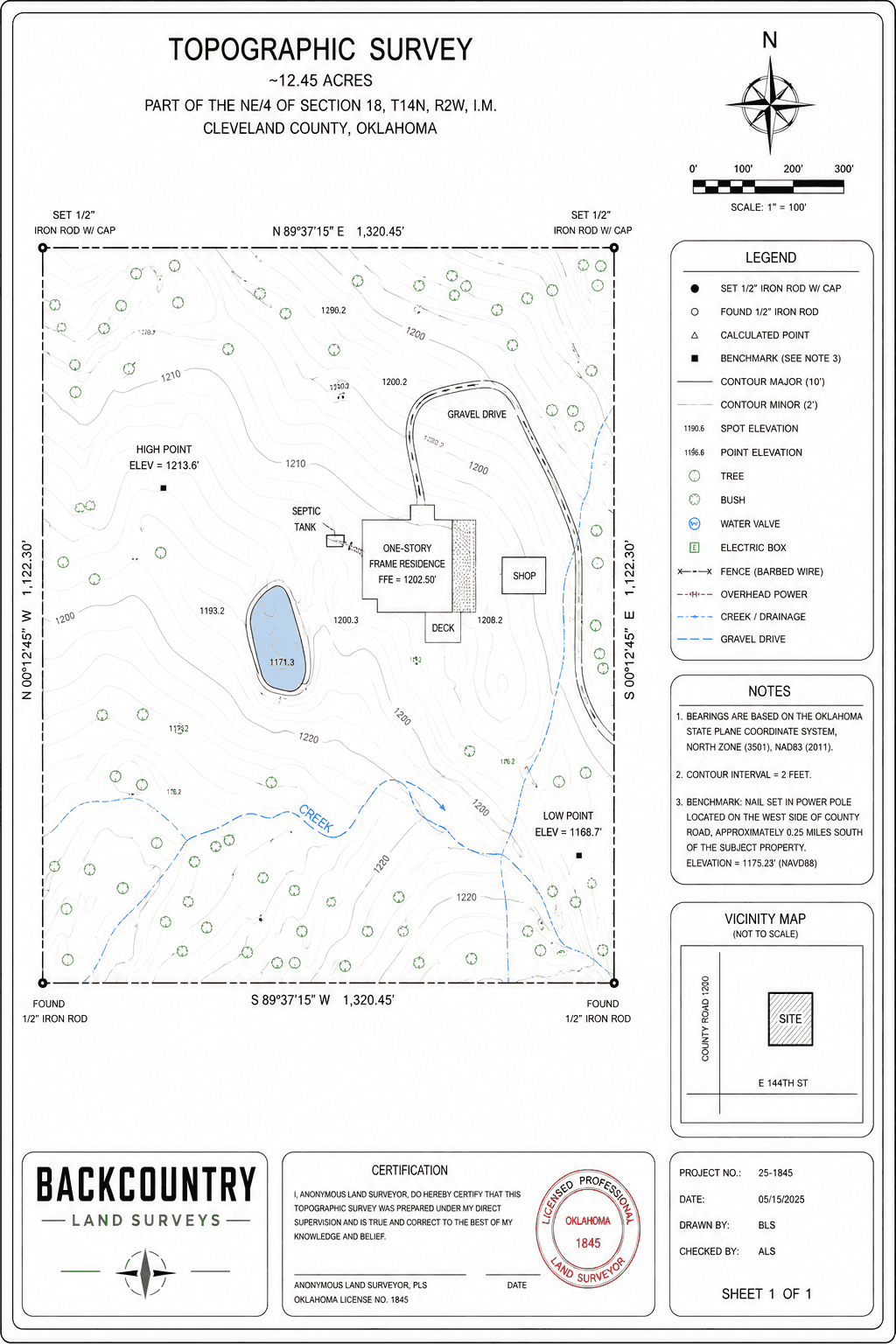 Topographic Surveys. Sample showing contour lines, elevations, drainage, structures, and site features